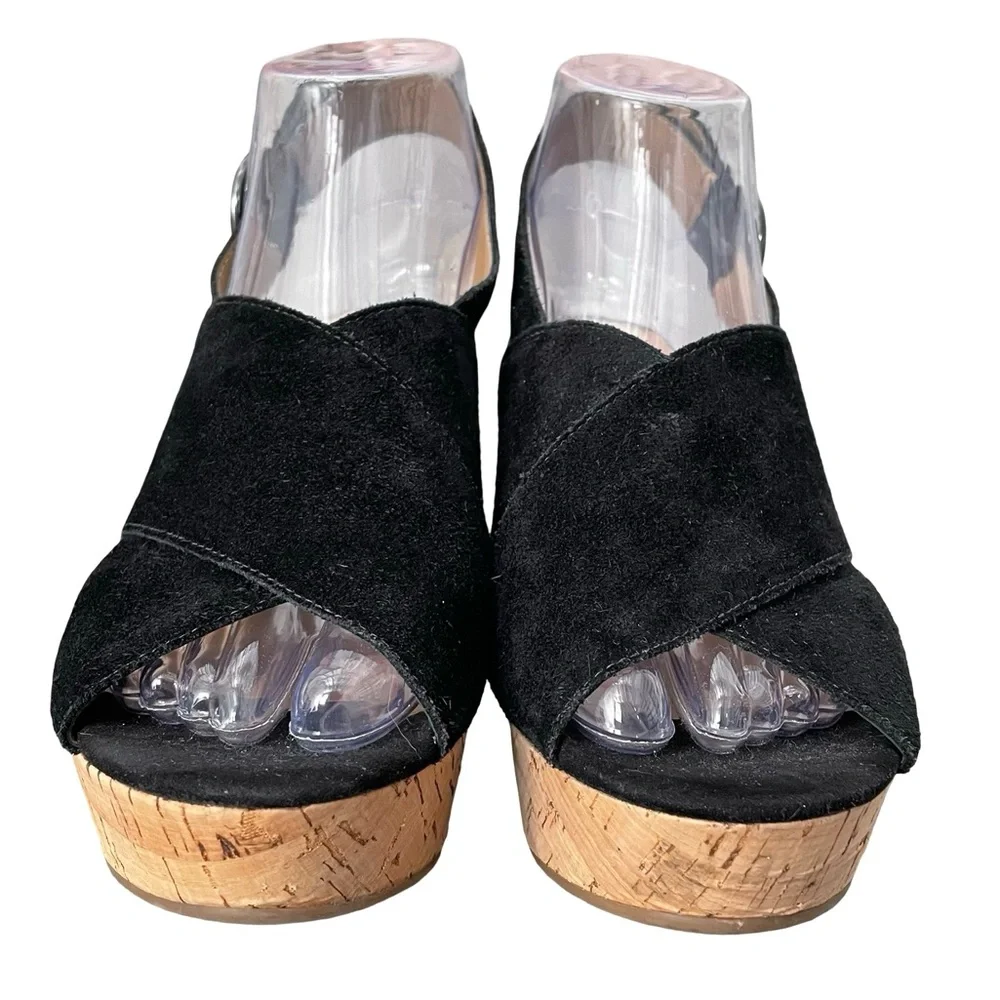 Franco Sarto Platform Wedge Heels Black Suede Upper Straps Cork Wedge Size 8